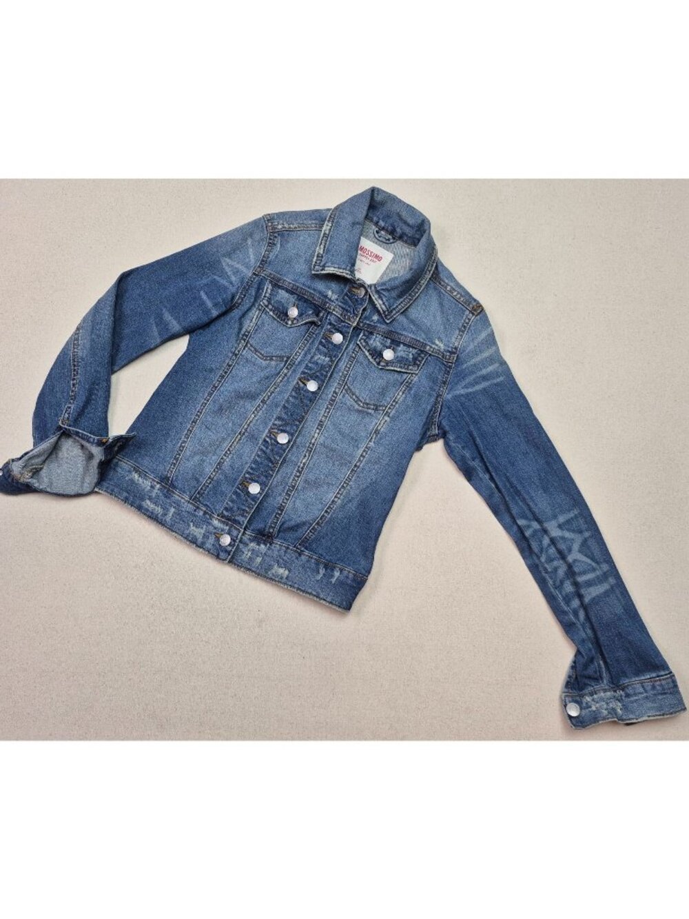 Mossimo Women's Distressed Extra Long Sleeve Button Up Blue Jean Jacket Sz S